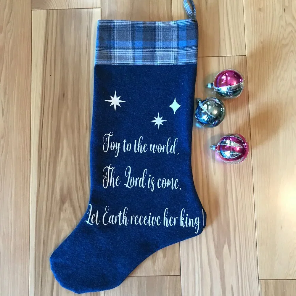 Denim Christmas Stocking, Old Fashioned Holiday Home Decor Joy to the World